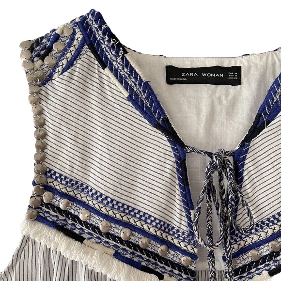 ZARA WOMAN Boho Sleeveless Embroidered Embellished Open Front Tassel Top - Picture 3 of 12